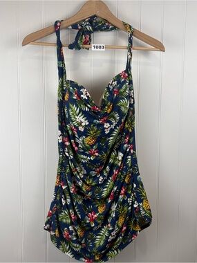 Girl Howdy Tropical One Piece Swimsuit Blue Floral Pineapple Retro Pinup